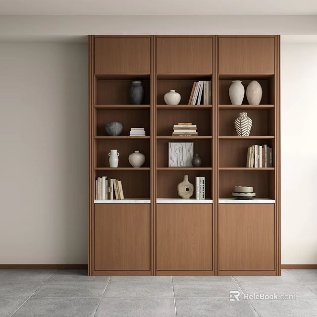 Modern Warm Toned Wooden Bookcase With Neat Books And Elegant Ceramic Decor Ornaments For Home 3d model 