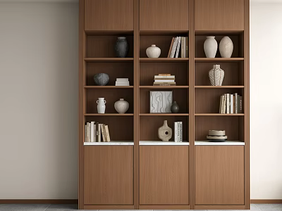 Modern Warm Toned Wooden Bookcase With Neat Books And Elegant Ceramic Decor Ornaments For Home 3d model