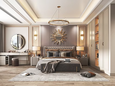 Luxurious Bedroom Interior With Grey Upholstered Headboard Gold Sunburst Mirror Crystal Chandelier And Bedside Tables 3d model