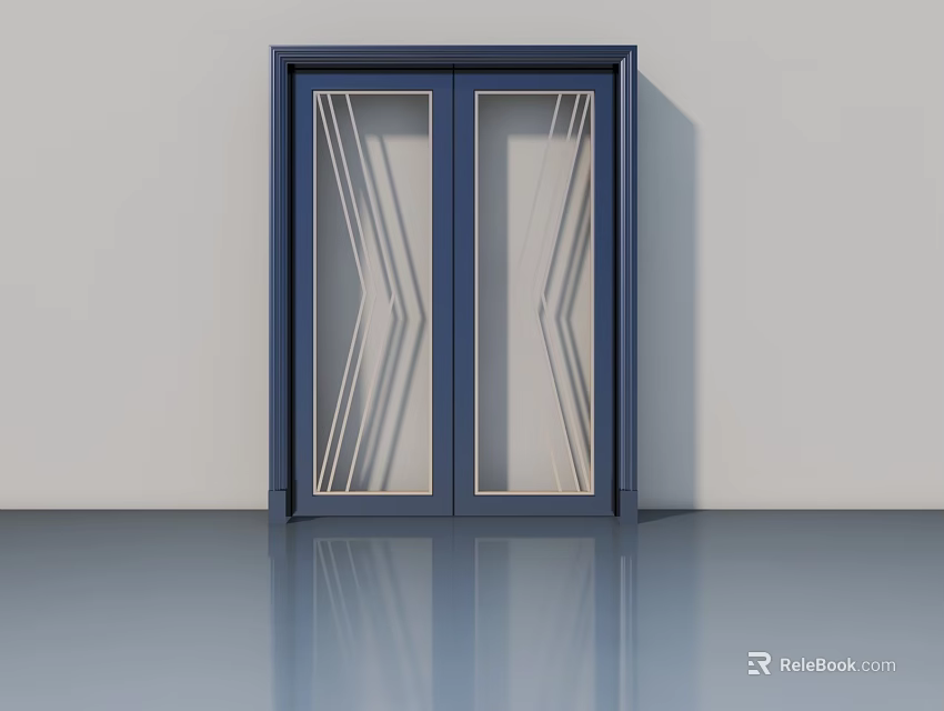 Modern Swing Door With Blue Frame And Glass Panels Geometric Line Design 3d model 