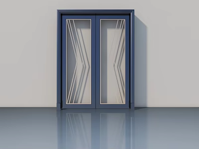 Modern Swing Door With Blue Frame And Glass Panels Geometric Line Design 3d model