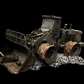 Worn Heavy Duty Construction Loader With Front Bucket Muddy Tires And Gravel