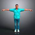 Man In Blue Palm Tree Shirt With Blue Jeans And White Sneakers Arms Outstretched