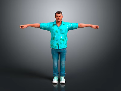 Man In Blue Palm Tree Shirt With Blue Jeans And White Sneakers Arms Outstretched 3d model