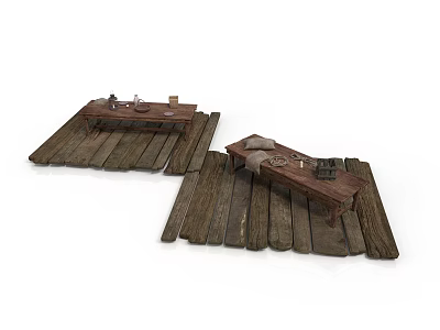Vintage Rustic Wooden Platforms With Handcrafted Items And Decorative Displays 3d model