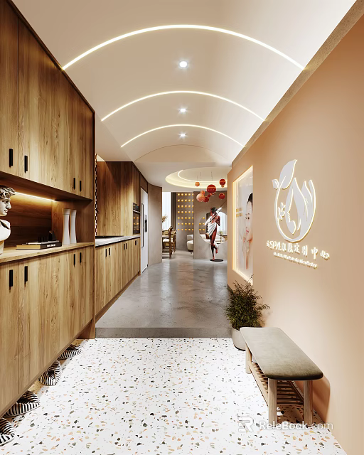 Modern Beauty Hair Salon Interior Design With Wooden Cabinets Corridor And Decor 3d model 