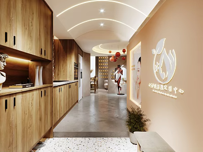 Modern Beauty Hair Salon Interior Design With Wooden Cabinets Corridor And Decor 3d model
