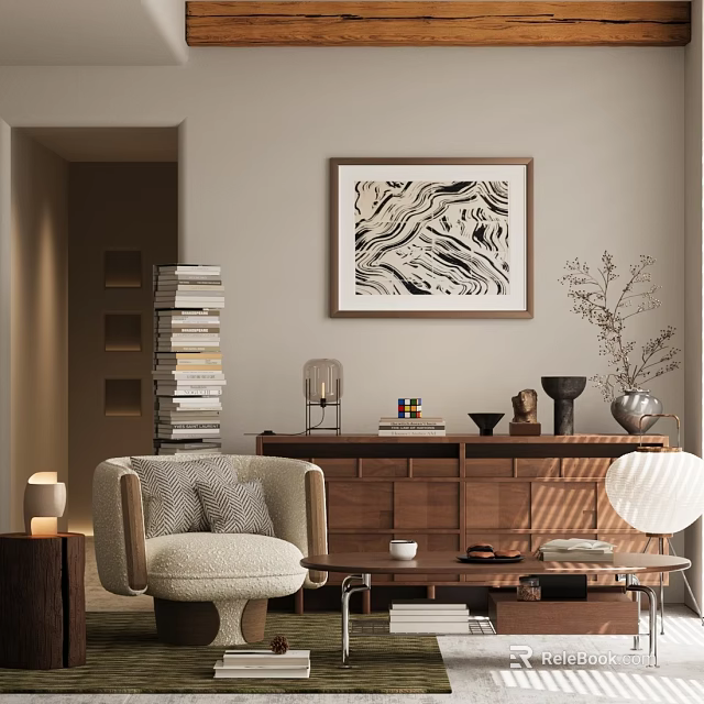 Cozy Lounge Chair In Living Room With Wooden Cabinet Wall Painting Stacked Books Decorative Items 3d model 