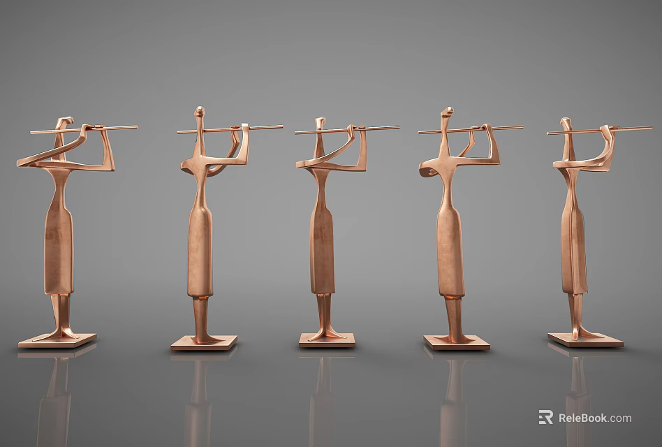 Copper Humanoid Decorative Ornament Set With Five Figurines Holding Rods For Home Decor 3d model 