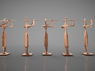 Copper Humanoid Decorative Ornament Set With Five Figurines Holding Rods For Home Decor 3d model