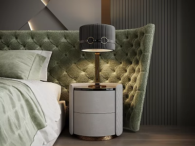 Modern Gray Nightstand With Metal Frame Table Lamp And Green Tufted Headboard 3d model