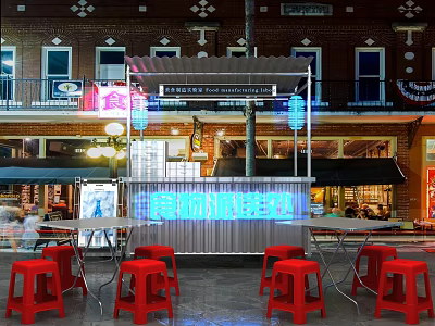 Trendy Photo Spot With Neon Food Sign Red Stools And Metal Kiosk In Brick Area 3d model