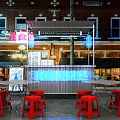 Trendy Photo Spot With Neon Food Sign Red Stools And Metal Kiosk In Brick Area