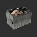 Garden Landscape Design With Wooden Crate Containing Cardboard Boxes And Stones