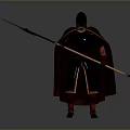 Helmeted Man Standing In Metal Armor With Red Cape Holding Long Spear