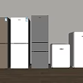 Different Styles of Refrigerators and Freezers in Golden White Silver Against Wall on Wooden Floor