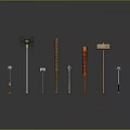 Various Medieval Weapons Displayed on Dark Background With Metallic And Wooden Handles Showing Shiny Reflections
