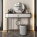 Elegant Modern Dressing Table With Circular Mirror Skincare Bottles And Gray Stool 3d model