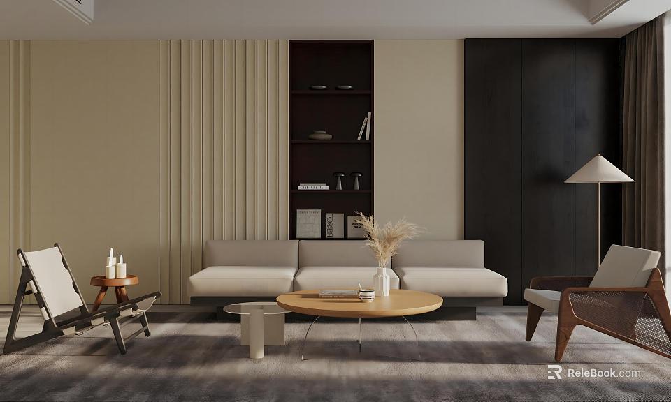 Modern Living Room Interior Design With Light Gray Sofa Round Coffee Table And Dark Bookshelf 3d model 