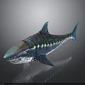 Iridescent Colorful Shark With Sharp Teeth And Shiny Scales On Dark Background