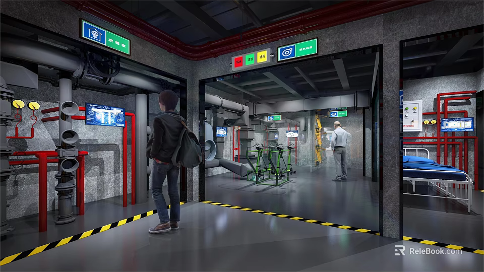 Industrial Workshop Scene With Workers Operating Equipment And Control Panels 3d model 