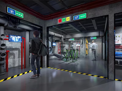 Industrial Workshop Scene With Workers Operating Equipment And Control Panels 3d model