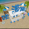 Beach Scene With Sea Breeze Sign Palm Trees Bar Counter Stools Umbrellas And Surfboards