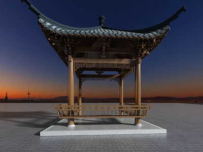 Traditional Chinese Wooden Pavilion With Curved Eaves And Stone Base At Sunset 3d model