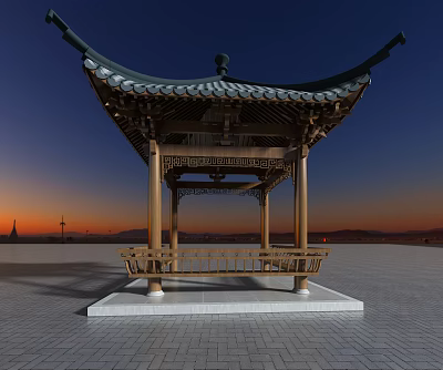 Traditional Chinese Wooden Pavilion With Curved Eaves And Stone Base At Sunset 3d model