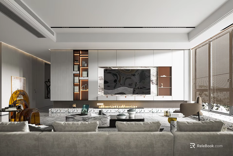 Modern Living Room Interior With TV Wall Decorative Cabinets Sofa And Floor to Ceiling Windows 3d model 