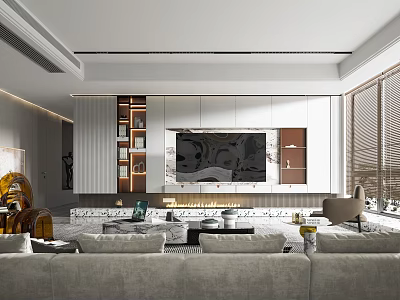 Modern Living Room Interior With TV Wall Decorative Cabinets Sofa And Floor to Ceiling Windows 3d model