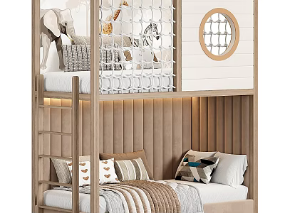 Modern Kids Bunk Bed With Safety Net Animal Toys Striped Upholstered Headboard Round Window Pillows 3d model
