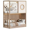 Modern Kids Bunk Bed With Safety Net Animal Toys Striped Upholstered Headboard Round Window Pillows