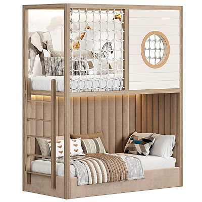 Modern Kids Bunk Bed With Safety Net Animal Toys Striped Upholstered Headboard Round Window Pillows 3d model