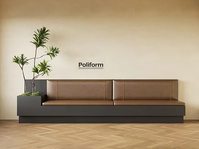 Poliform Brown Banquette Sofa With Green Plant Beige Wall And Wooden Floor 3d model