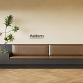 Poliform Brown Banquette Sofa With Green Plant Beige Wall And Wooden Floor