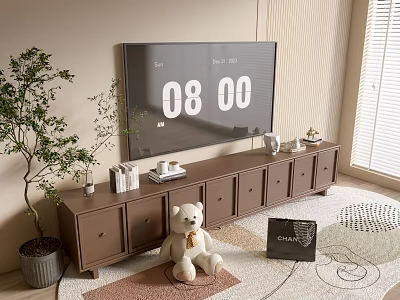 Brown TV Cabinet In Living Room With TV Teddy Bear Books Decorations Plant And Rug 3d model
