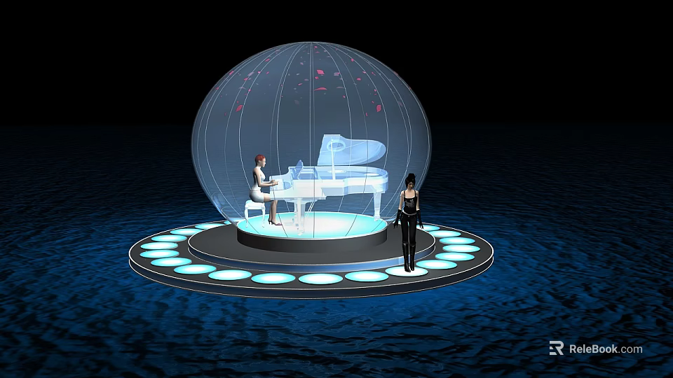 Game Movie Character Transparent Sphere With White Piano And Black Person On Dark Water Platform 3d model 