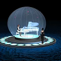 Game Movie Character Transparent Sphere With White Piano And Black Person On Dark Water Platform