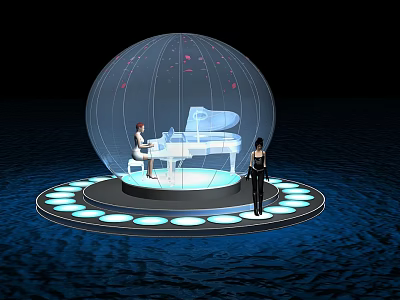 Game Movie Character Transparent Sphere With White Piano And Black Person On Dark Water Platform 3d model