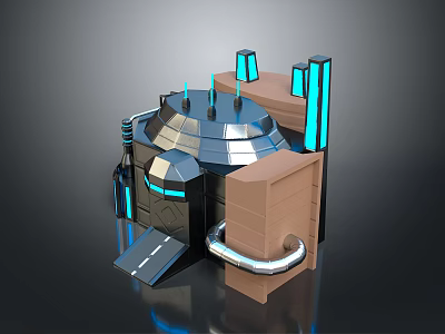 Futuristic SciFi Structure With Metallic Dome Blue Glowing Pillars Brown Blocks And Silver Pipes 3d model