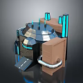 Futuristic SciFi Structure With Metallic Dome Blue Glowing Pillars Brown Blocks And Silver Pipes