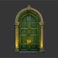 Arched Green Door With Golden Pillars And Intricate Carvings Design