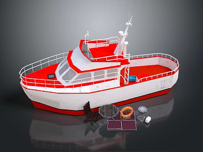 Red And White Water Vessel With Open Deck And Safety Equipment 3d model