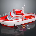 Red And White Water Vessel With Open Deck And Safety Equipment