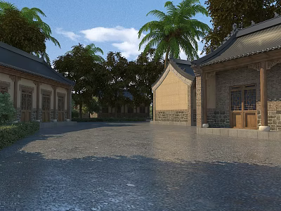 Ancient Chinese Architecture Courtyard With Traditional Roof Stone Paved Ground Surrounded By Trees 3d model