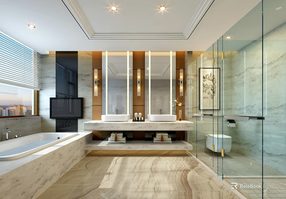 Luxurious Hotel Bathroom Interior With Marble Double Sinks Glass Shower And Bathtub 3d model 
