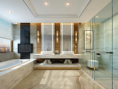 Luxurious Hotel Bathroom Interior With Marble Double Sinks Glass Shower And Bathtub 3d model