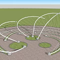 Garden Ornament With Spiral Metal Structures Circular Lawn Areas Trees And People