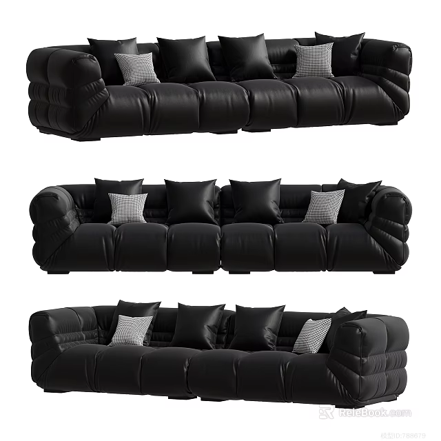 Black Sectional Sofa with Multiple Black Cushions and White Accent Pillows in Modern Leather Design 3d model 